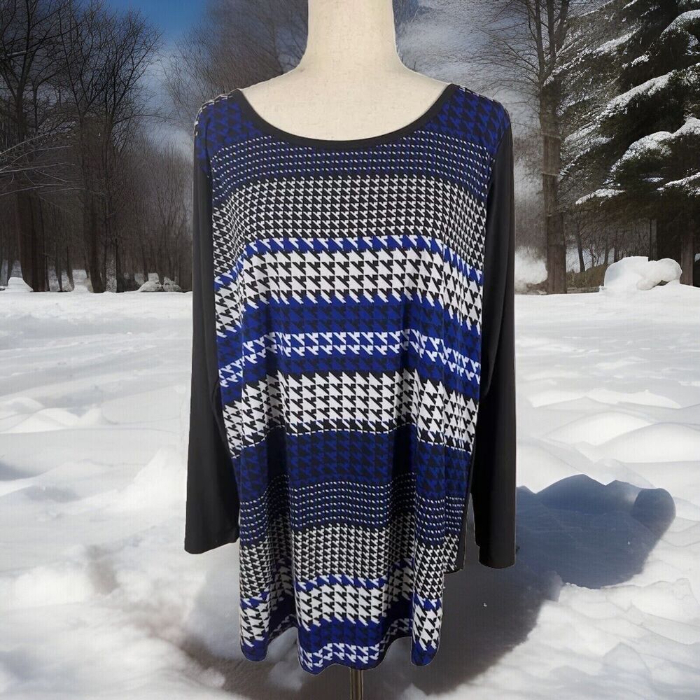 Karen Kane SIZE 2X COLOR BLOCK BLUE WHITE Houndstooth Long Sleeve TUNIC TOP EUC